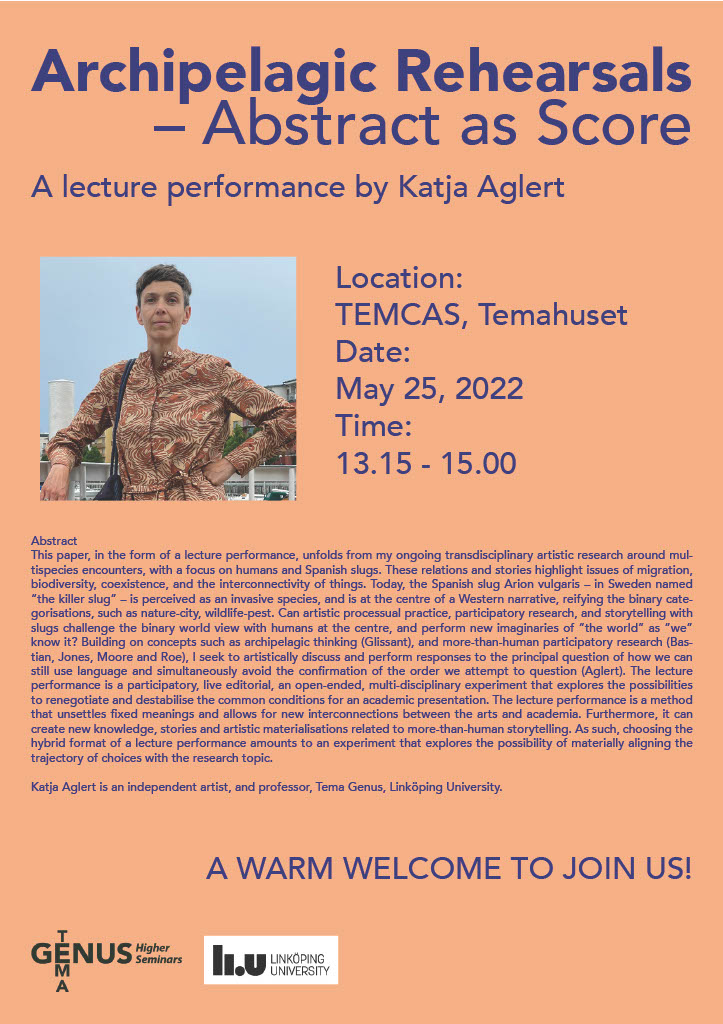 Archipelagic Rehearsals: Tema Genus Higher Seminar with Katja Aglert, 25 May 2022, 13:15-15:00!