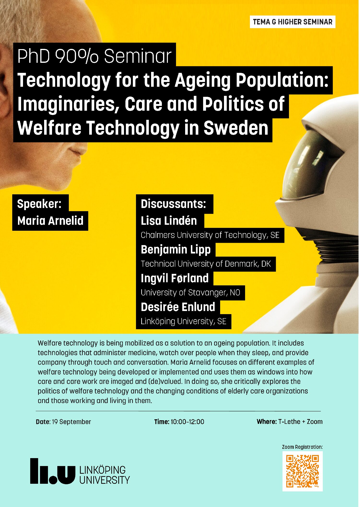 Gender Studies PhD 90% Seminar 19/9 – Technology for the Ageing Population: Imaginaries, Care and Politics of Welfare Technology in Sweden